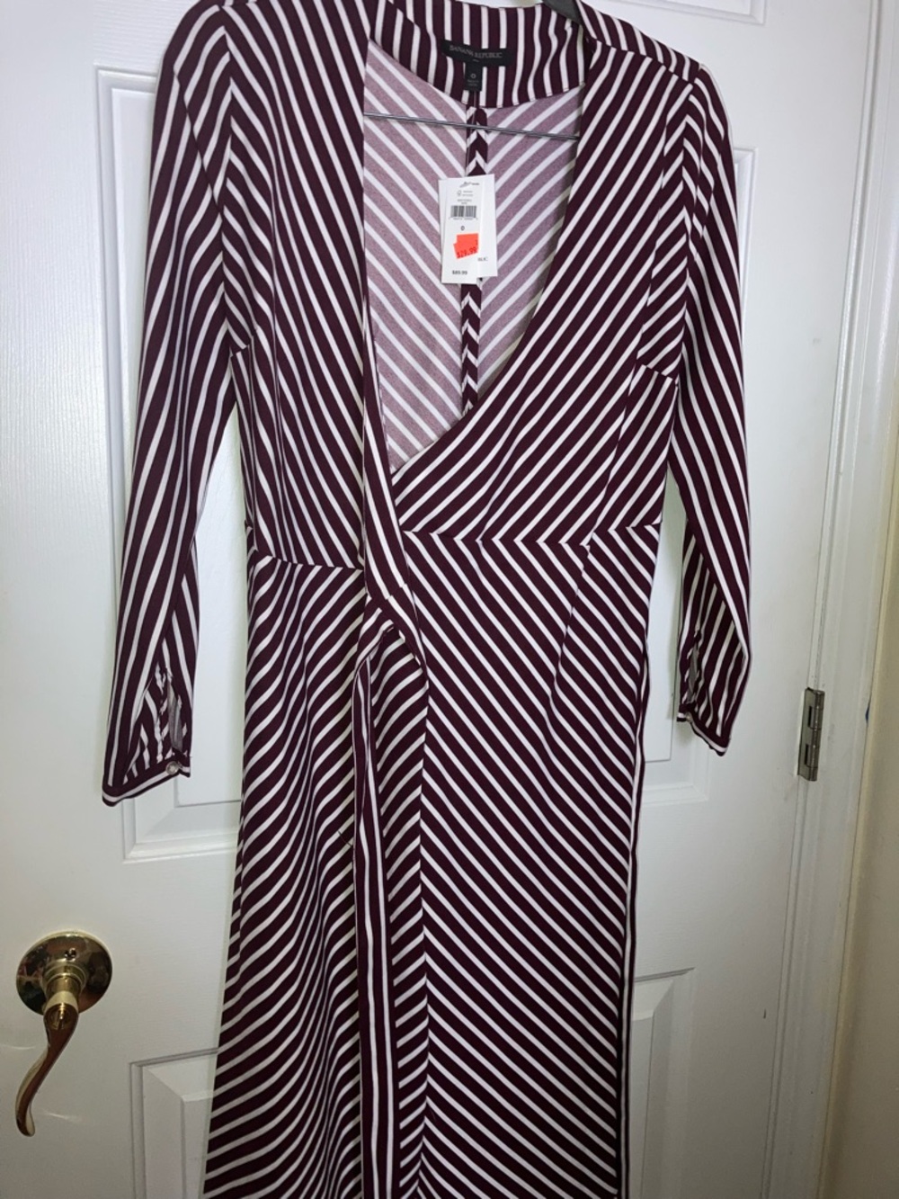 Banana Republic Burgundy and White Diagonal Stripe Wrap Dress